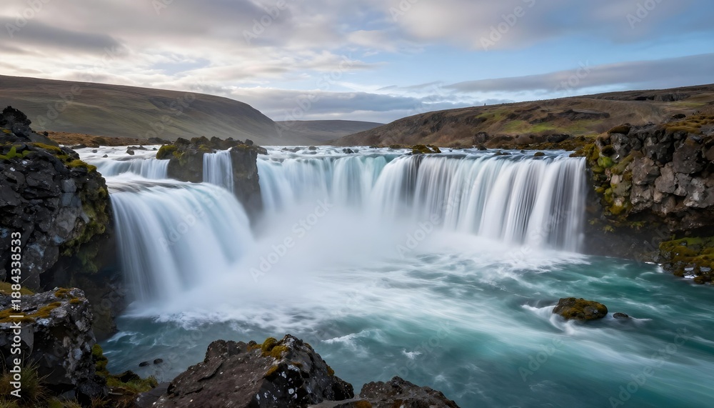 Fototapeta premium Majestic Icelandic waterfall with smooth water flow and dramatic rocky surroundings