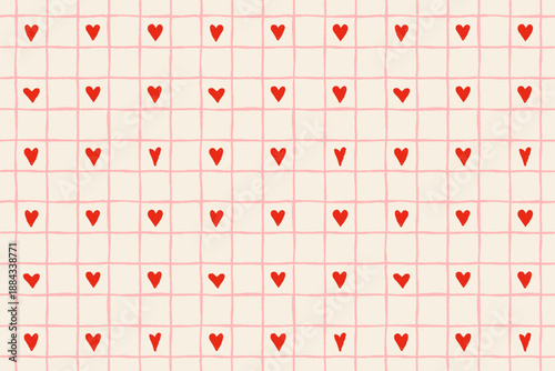 Cute pink check and red hearts vector seamless pattern, romantic plaid background for Valentine's Day designs