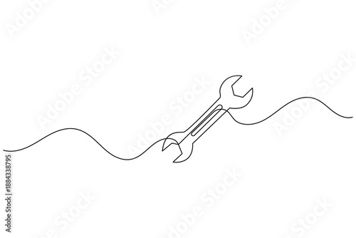 Continuous line drawing of a wrench on white background