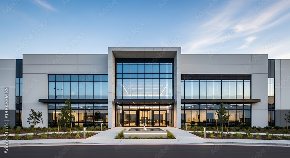 Obraz premium Modern office building entrance with large glass facade and landscaping