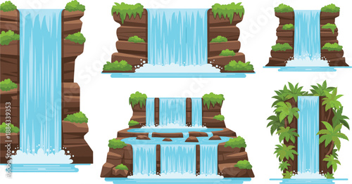 Cartoon waterfall vector set with rocky cliffs, moss and lush greenery for nature landscape design