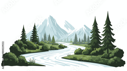 Illustration of a winding river flowing through a lush forest with evergreen trees and snow-capped mountains in the background against a white backdrop.