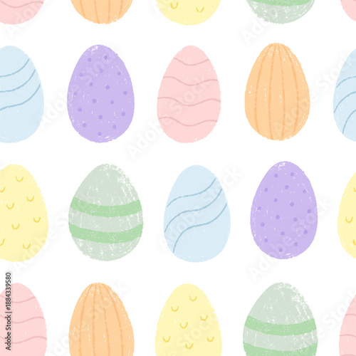 Paschal seamless pattern with various painted chalk Easter eggs.