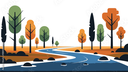 Illustration of a winding road through a colorful autumnal landscape with trees and rocks along the sides on a white background.