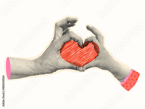 Cute Halftone Collage with Mom and Child Hands Making A Heart Shape, Mother Background for Mother's Day