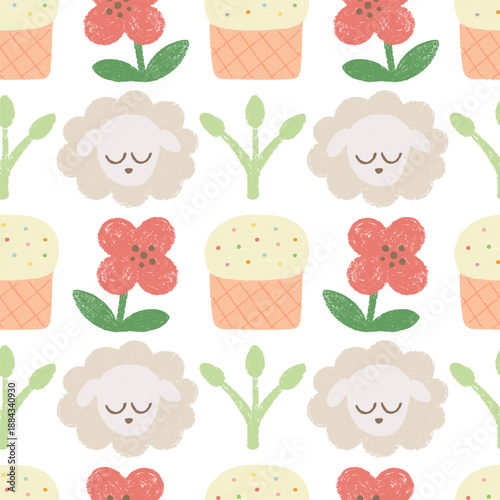 Hand painted seamless pattern with Easter cake, sheep, poppies.