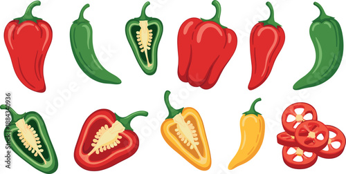 Colorful chili and bell pepper vector set with whole and sliced capsicum vegetables flat illustration isolated on white background