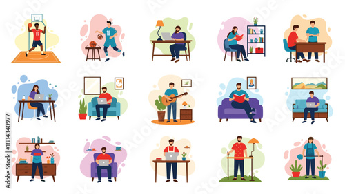 Diverse collection of characters participating in activities like basketball, gardening, reading, working on laptops, and playing music.