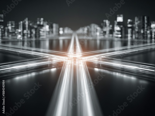 Futuristic city intersection with converging light trails and symmetrical urban skyline, high speed mobility visualization expressing connectivity and motion