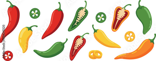Colorful chili pepper vector set with sliced hot peppers and spicy vegetable elements flat illustration isolated on white background