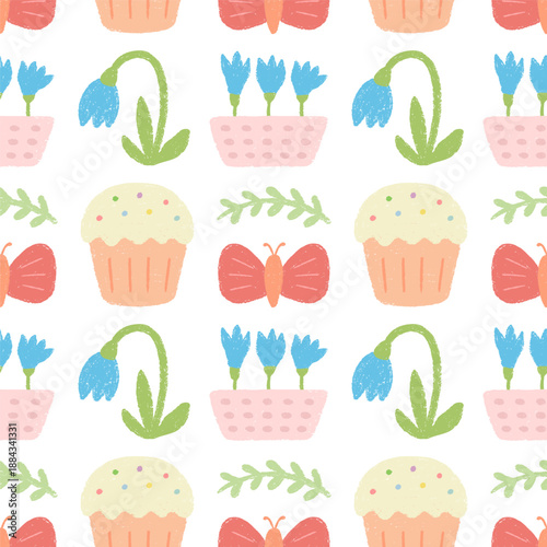Crayon drawn seamless pattern with Easter cake, butterfly, snowdrops.