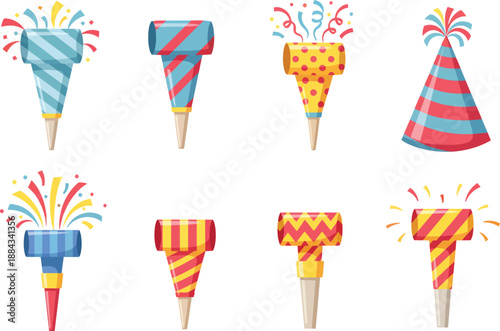 Collection of Colorful Party Popper and Cracker Icons with Confetti and Streamers for Festive Event Design
