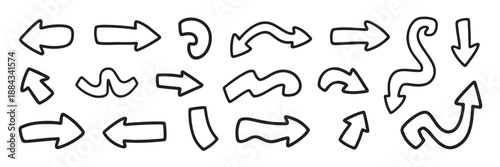 selection of black drawn arrows with bold outlines in various forms and orientations on transparent background, graphic pointers, stylish directional symbols, modern design elements