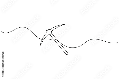 Minimalist single line drawing of a pickaxe on a wavy background.