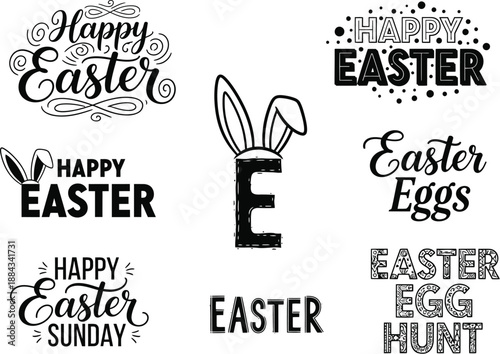 Set of decorative Happy Easter hand-lettered quotes and typography designs with bunny ears for holiday cards