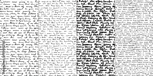 Unreadable hand written vector text seamless pattern set, messy doodle cursive handwriting background