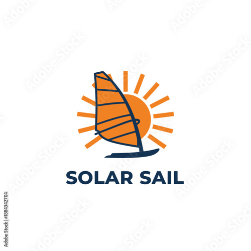 Windsurf sail with sun rays icon for nautical adventure or summer beach water sports branding identity named Solar Sail logo