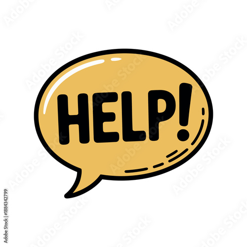 A cartoon speech bubble prominently displays the urgent word HELP against a stark white background.