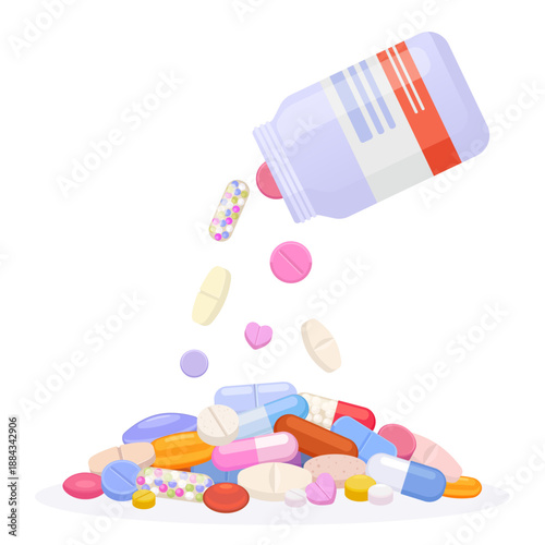 Flat pills and capsules spilling from medicine bottle, vector illustration of colorful tablets and drugs isolated on white background