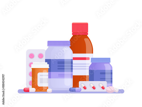 Pharmacy medicine bottles with pills, prescription tablets and drugs, healthcare supplement vitamin pharmaceutical product, flat isolated vector cartoon illustration