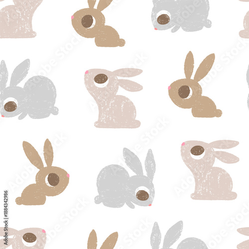 Hand drawn seamless pattern with various crayons bunnies.