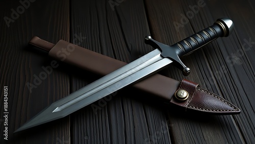 Roman short sword resting on a worn leather scabbard on dark wood.