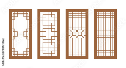 Set of four traditional Korean wooden window frames with intricate geometric patterns. Authentic Asian architectural elements in a minimalist vector style, perfect for cultural and oriental designs.
