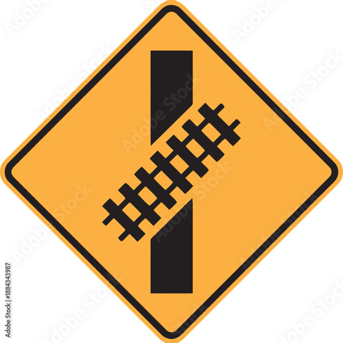 Yellow diamond road sign warning of a railway track crossing a highway, Level crossing advance warning traffic sign with railroad tracks icon