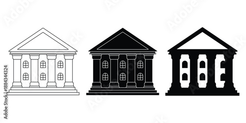 “Bank and Courthouse Building Icon Set – Government Institution Vector Icons in Flat, Solid and Outline Styles”