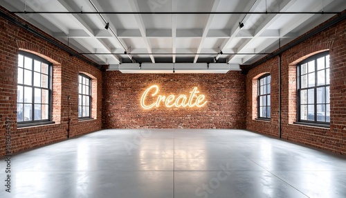 Modern industrial loft space with red brick walls and a glowing neon create sign on a polished concrete floor with windows