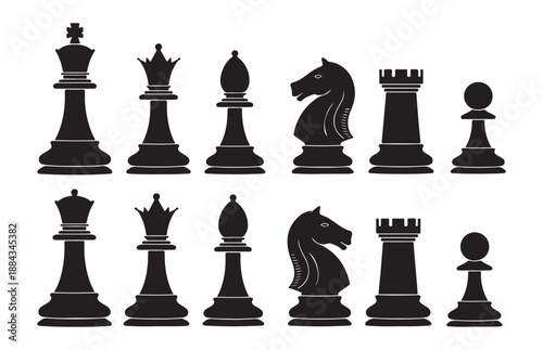 Set of black chess pieces silhouettes king queen rook bishop knight and pawn on white background