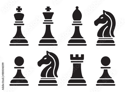 Partial chess set silhouettes king queen bishop knight rook and pawn in black on white background