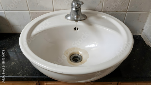 A cracked ceramic sink dripping slowly