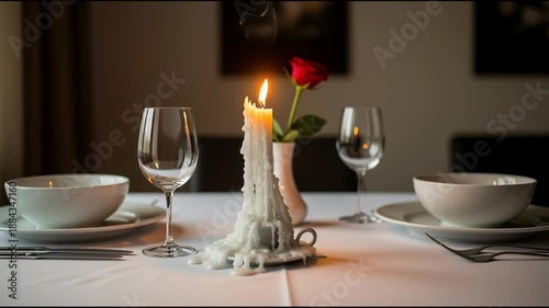 Romantic dinner table setting with lit candle and red rose