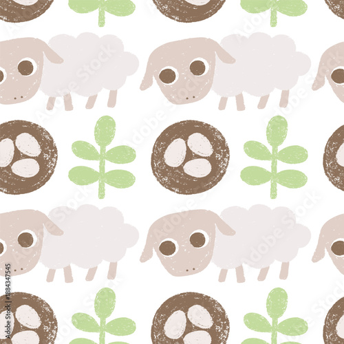 Crayon drawn seamless pattern with cute sheep, nest with eggs, branch