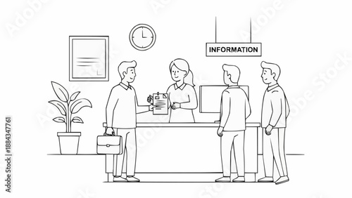 People at information desk receiving assistance and guidance.