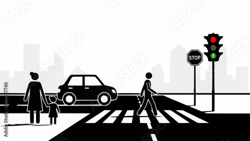 Pedestrians crossing street at crosswalk with traffic signal.