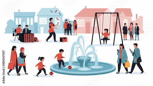 People enjoying a public park with a fountain and playground.