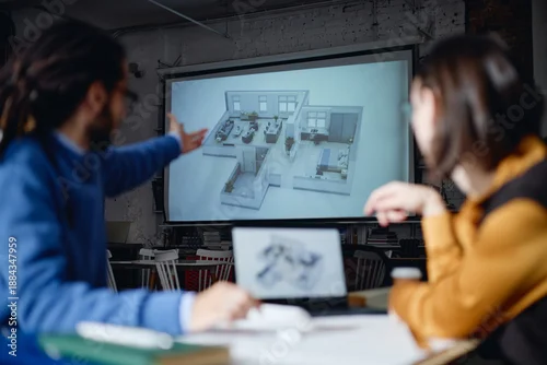 Obraz Caucasian man and Asian woman discussing architectural floor plan projected on screen in office setting, both sitting at table with laptop, focusing on building design presentation