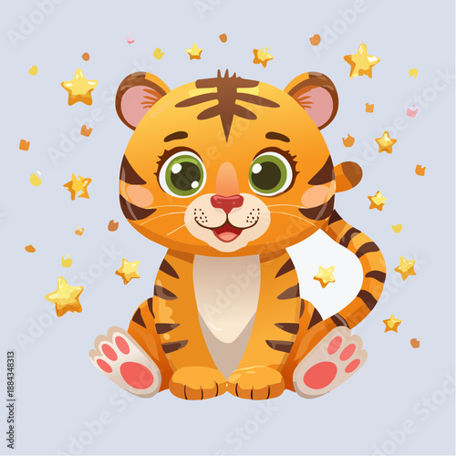 Tiger cub sitting calmly with gold accents, 