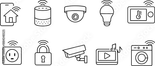 Set of black line icons representing smart home and internet of things including smart speaker, thermostat, security cameras, smart light bulb, plug, smartwatch, router, cloud, and connected house. Mi