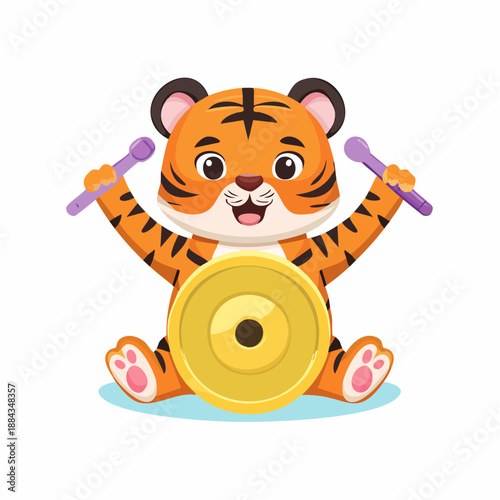 Tiger cub playing small gong, 