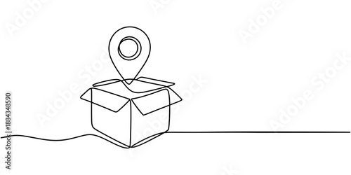  Cardboard box continuous one line drawing Shipping Box with Location Pin on Top. Online shopping, Single line drawing of Opened carton box. Online shopping