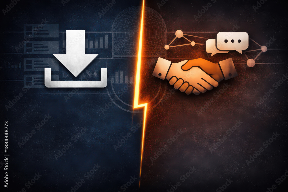 Fototapeta premium File download icon and business handshake with glowing lightning divide showing secure data transfer partnership agreement online communication and digital contract concept on dark background