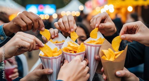 Group of people enjoying french fries at food festival