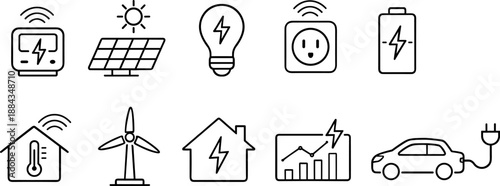 Set of black line icons representing smart home and internet of things including smart speaker, thermostat, security cameras, smart light bulb, plug, smartwatch, router, cloud, and connected house. Mi