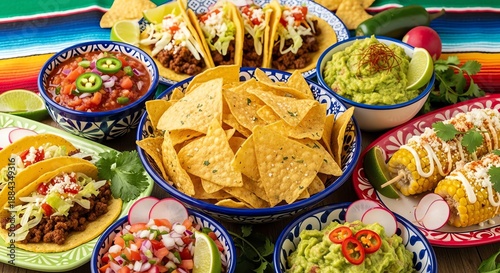 Mexican food spread with chips and toppings
