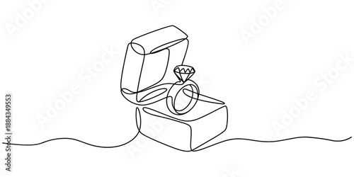 Continuous one line drawing of engagement or wedding ring in the gift box. Editable line vector, Diamond engagement ring in open jewelry box continuous one line drawing vector illustration