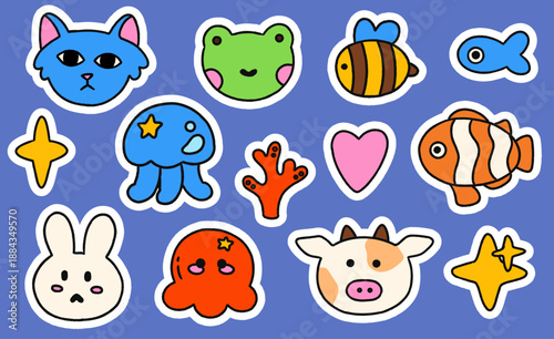 Kawaii sticker set with cat, frog, bunny, cow, bee, fish, jellyfish, octopus, coral and stars on blue background. Fun animal icons for kids stationery and sticker packs.