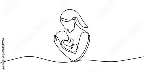 A woman with a baby in her arms. One line drawing with alpha channel, self drawing of continuous one line draw. mother holding her baby. Mother holding baby in continuous line art style.